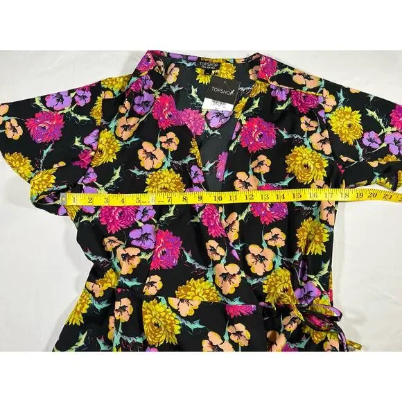 Topshop Floral Wrap Blouse Womens Size 10 Black Yellow Preppy Classic NWT - Picture 11 of 12